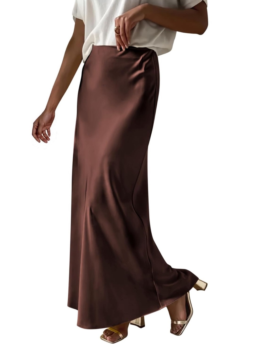 Elegant Satin Maxi Skirt for Women High Waisted Deep Brown Silk Dressy Causal